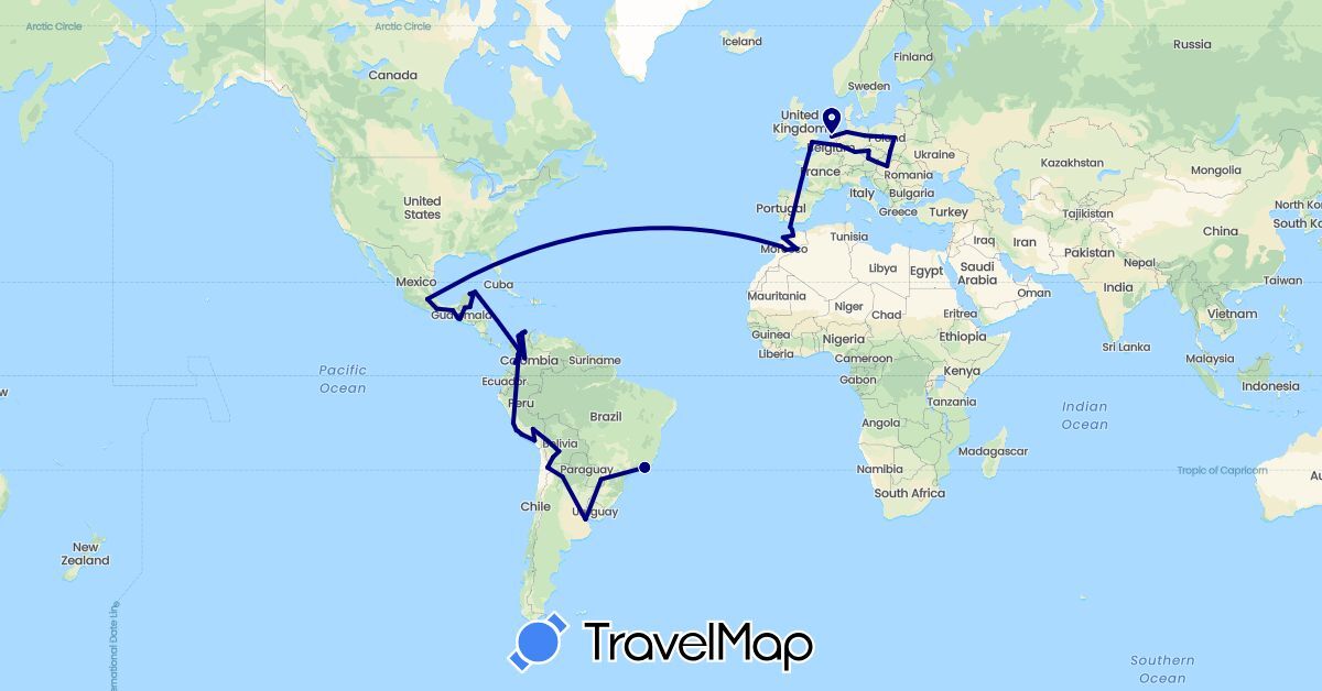 TravelMap itinerary: driving in Argentina, Austria, Bolivia, Brazil, Belize, Chile, Colombia, Czech Republic, Germany, United Kingdom, Guatemala, Hungary, Morocco, Mexico, Netherlands, Peru, Poland (Africa, Europe, North America, South America)